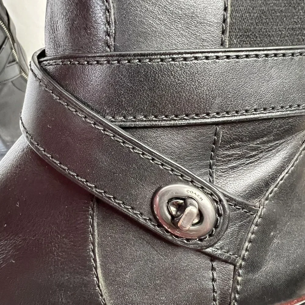 Coach Size 8 Turn Lock Riding Boots Black Leather Side Zip Stretch Panel Women’s - Picture 6 of 13